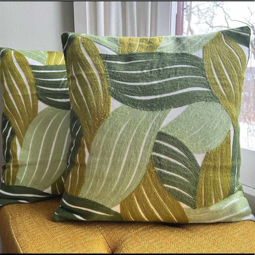 Quarter Moon Bazzar pair of Embroidered NWOT tricolored Green Botanical Pillows